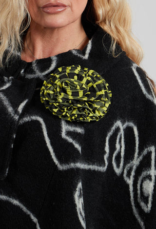 Fabric Ruffle Rosette Brooch in Black and Lime