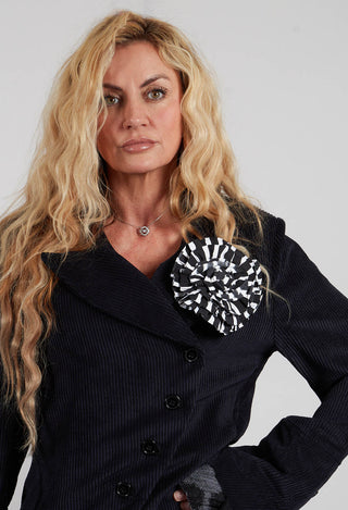 Fabric Ruffle Rosette Brooch in Black and White