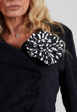 Fabric Ruffle Rosette Brooch in Black and White
