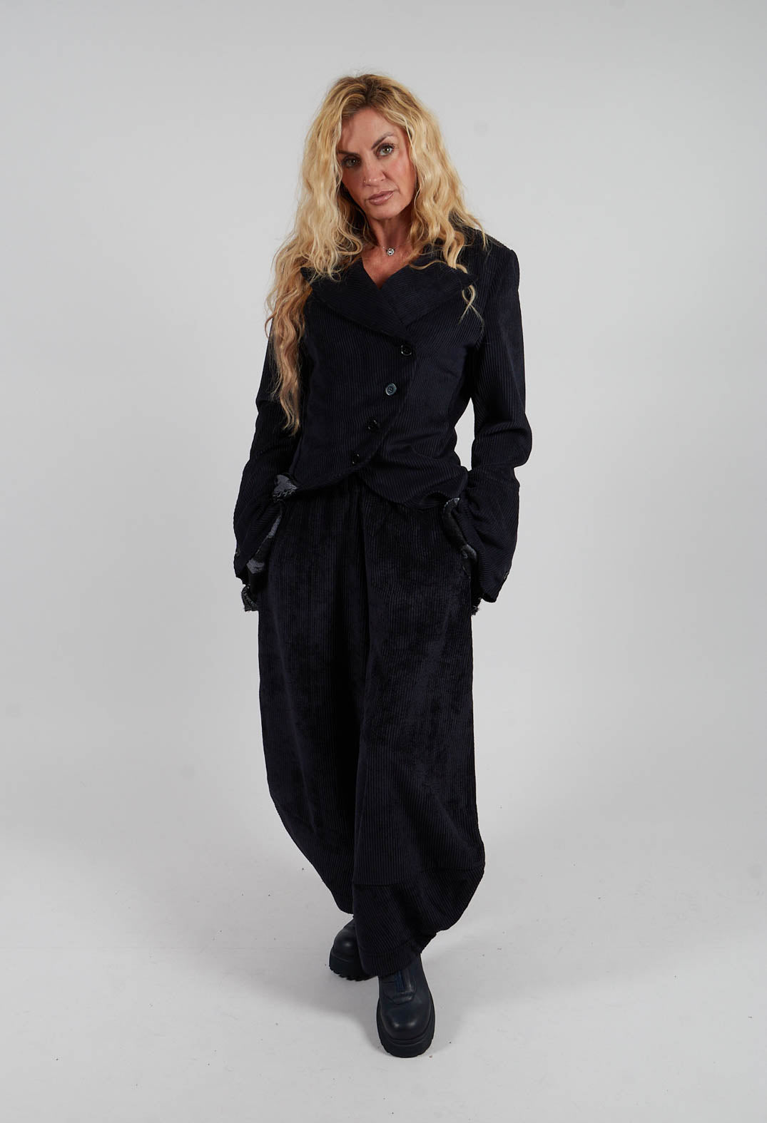 Wide Velvet Tulip Hem Trouser in Black