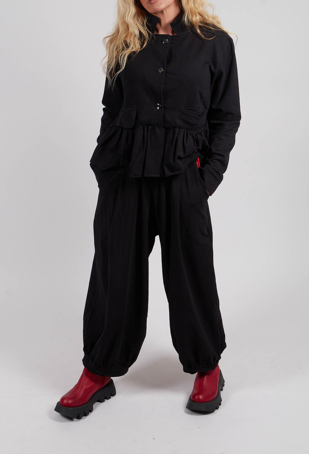 Relaxed Fit Trousers in Black with Red Insert