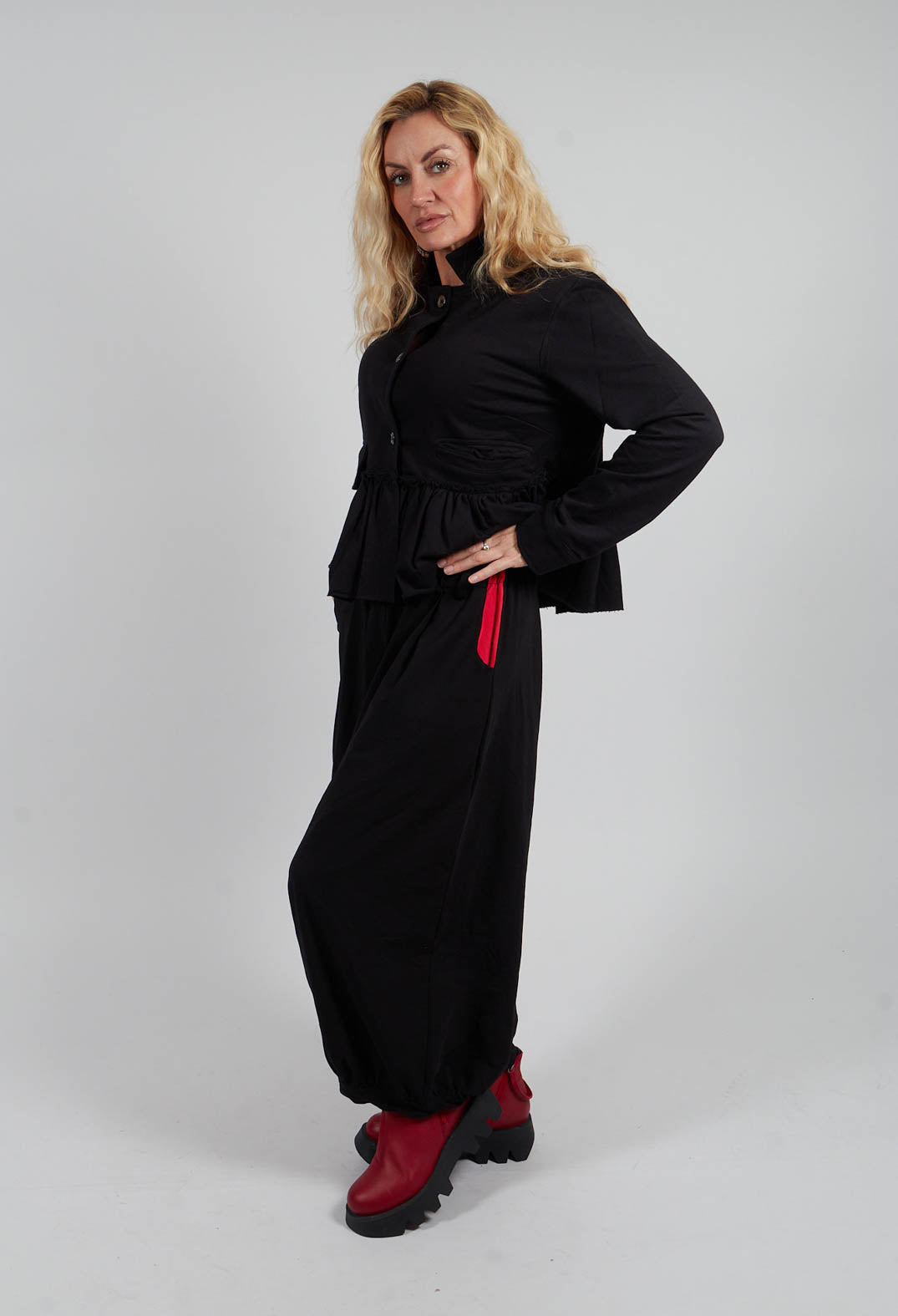Relaxed Fit Trousers in Black with Red Insert