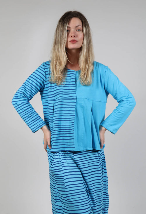 Contrast Sleeve Top in Turquoise with Blue Lines