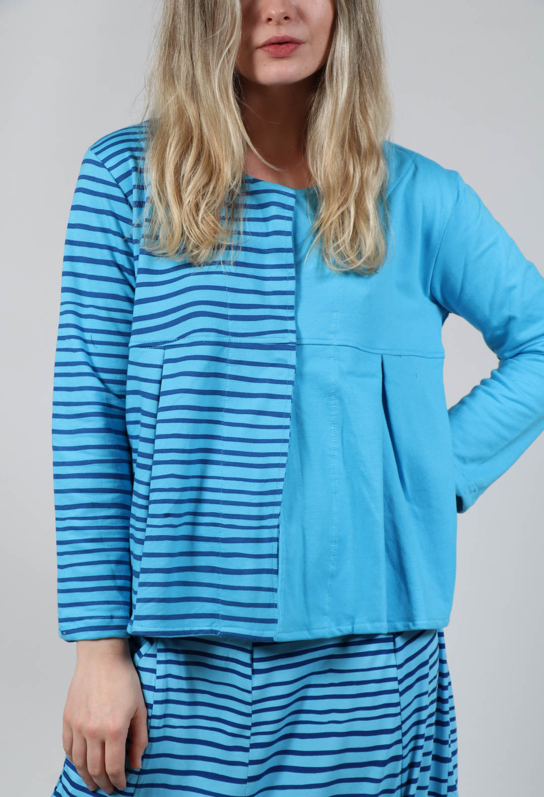 Contrast Sleeve Top in Turquoise with Blue Lines