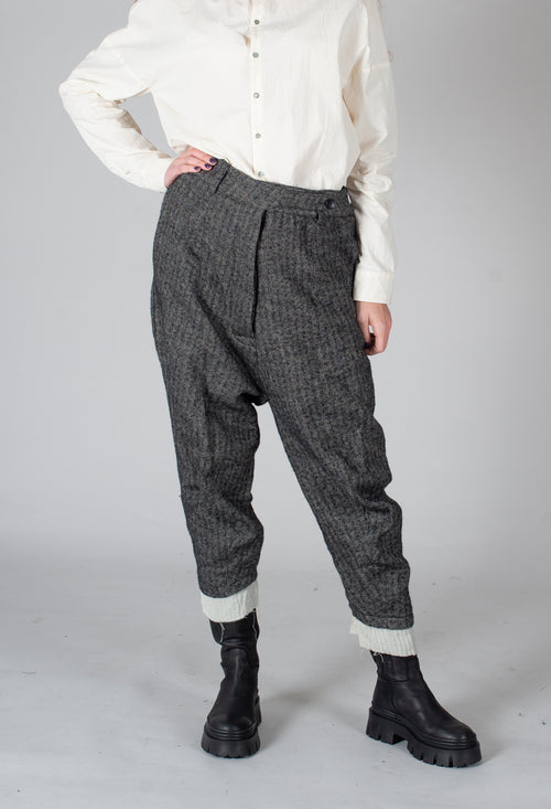 Wide Leg Trousers with Contrasting Hem in Herringbone Grey