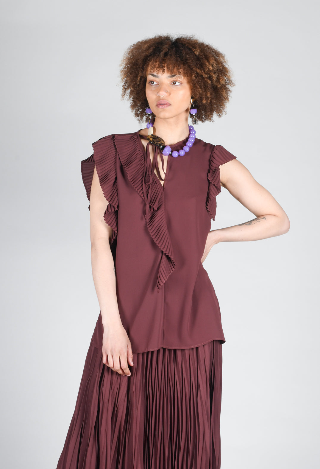 Top with Pleated Ruffles in Cocoa