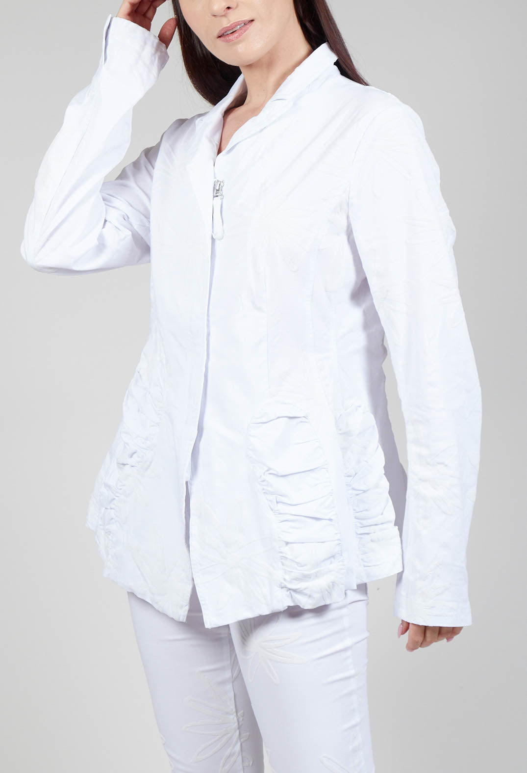 Flower Print Ruched Jacket in White Flock Print