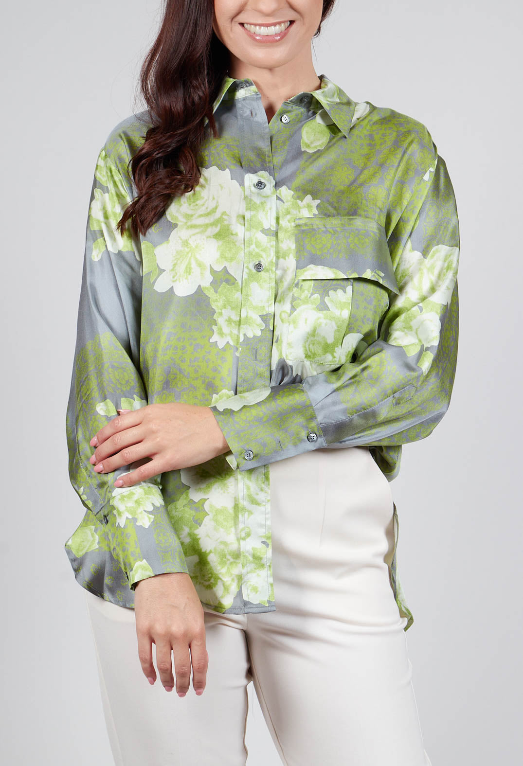 Garden Print Silk Blouse in Grey
