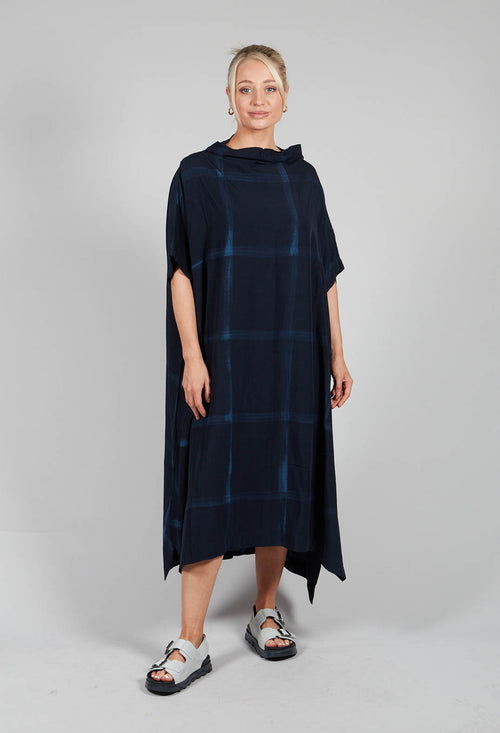 High Neck Midi Dress in Black/Blue Print