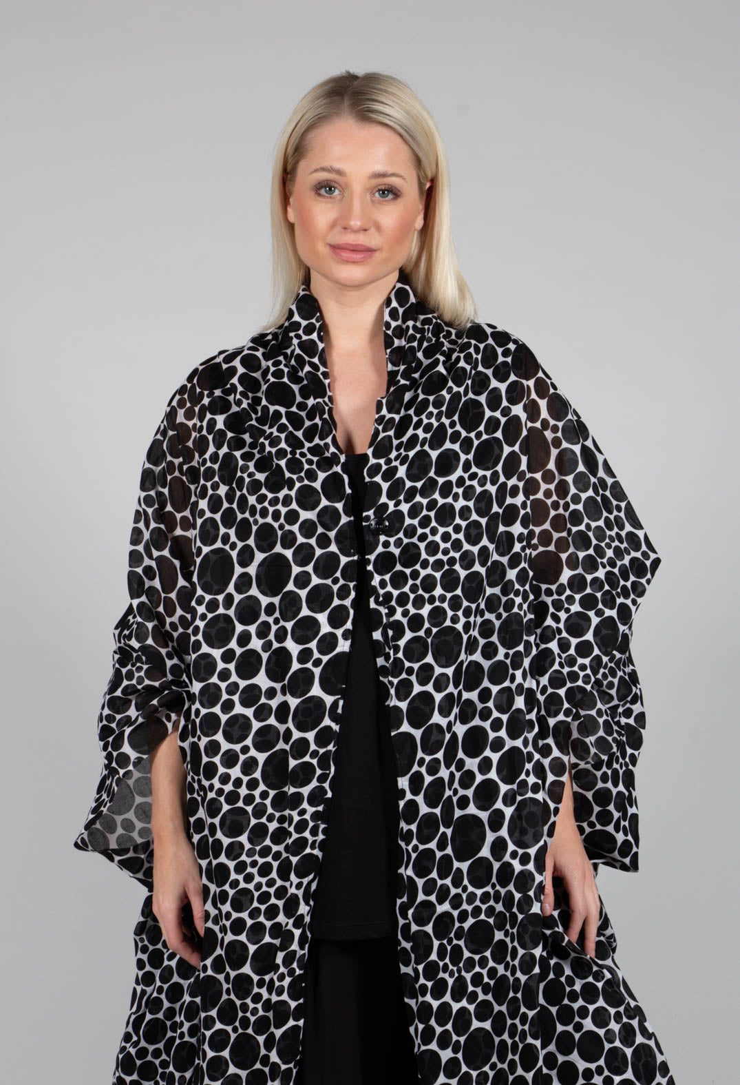 Sheer Batwing Coat in White with Black Pois