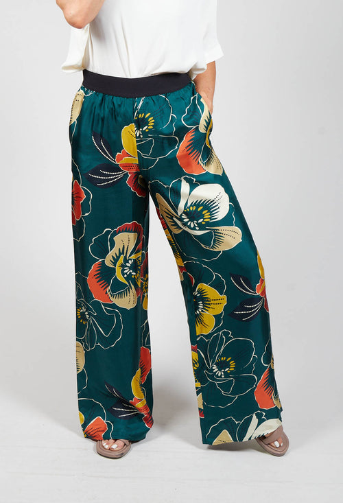 Wide Leg Silk Trousers with Floral Print in Multicolour