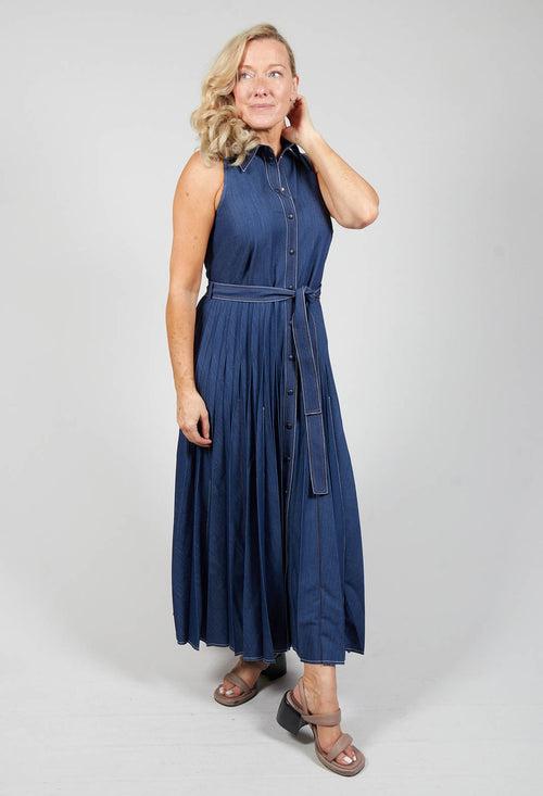 Denim-Look Pleated Dress in Blue