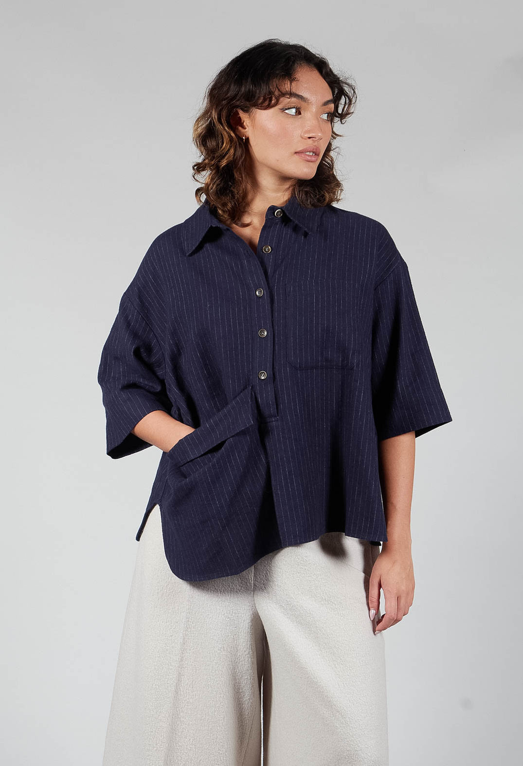 3/4 Sleeved Shirt with Statement Pocket in Navy Stripe