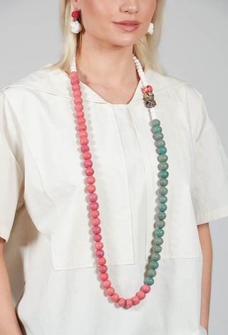 Long Length Necklace with Floral Beading in Red and Green