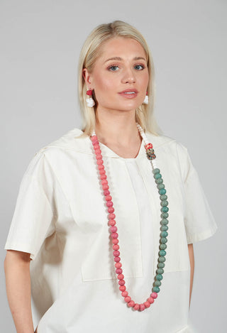 Long Length Necklace with Floral Beading in Red and Green