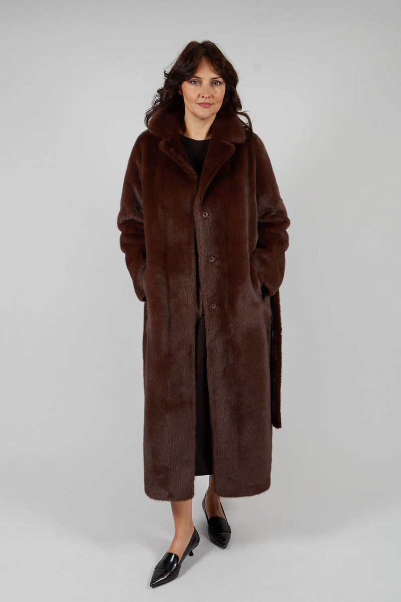 Longline Faux Fur Coat in Chocolate – Olivia May