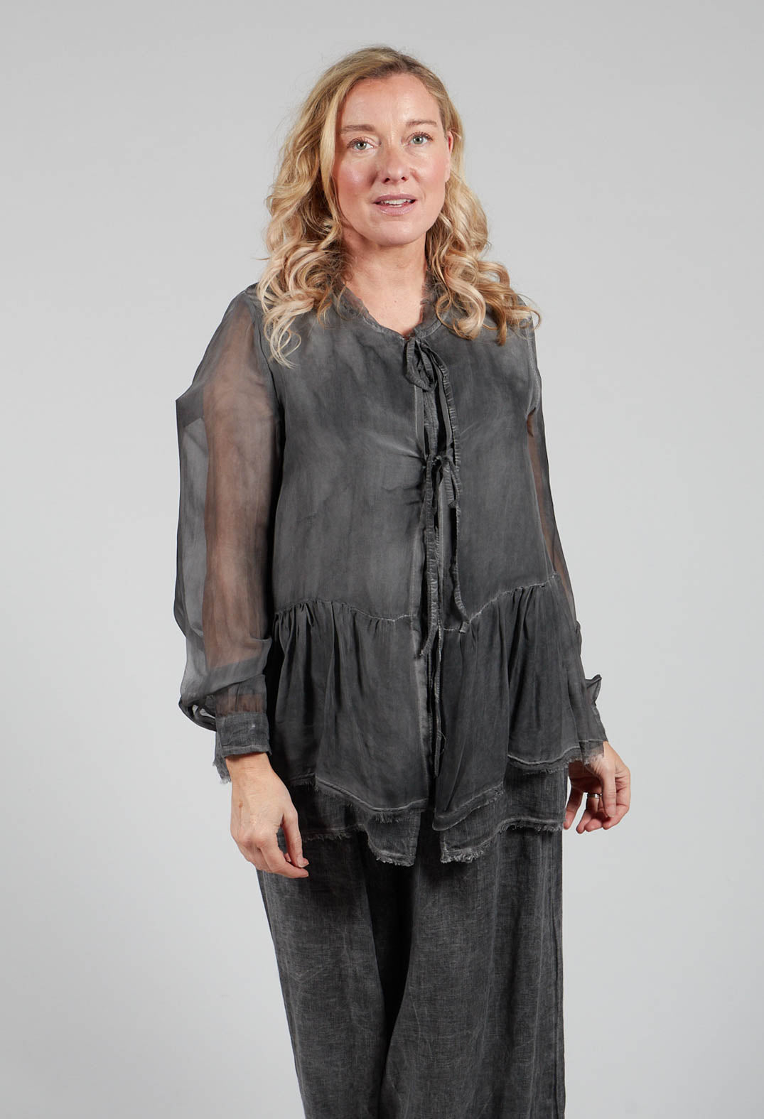Peplum Tie Blouse in Lino Grey Storm