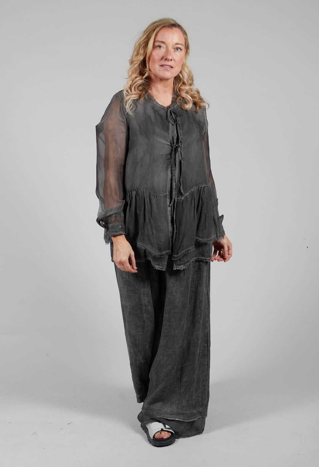 Peplum Tie Blouse in Lino Grey Storm