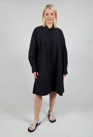 Pleated Neckline Shirt Dress in Black