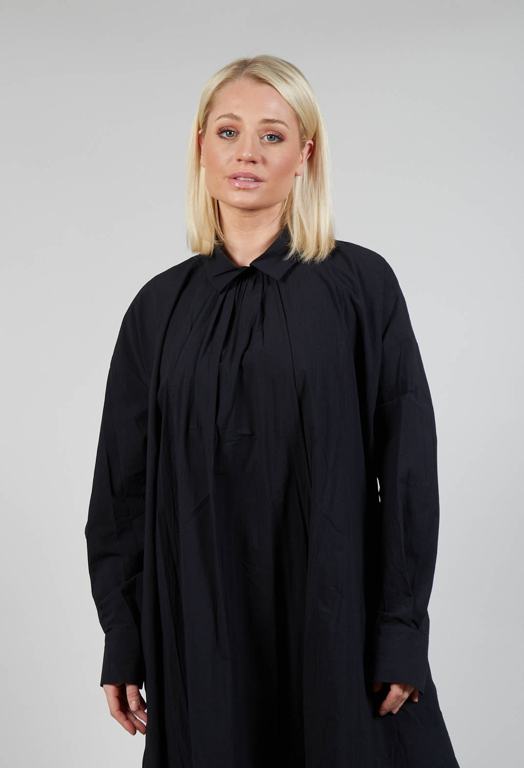 Pleated Neckline Shirt Dress in Black
