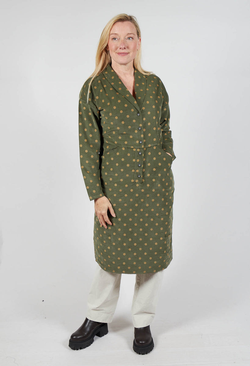 Blueberry Polkadot Needlecord Open Collar Shirt Dress in Moss Blueberry Polkadot Needlecord Open Collar Shirt Dress in Moss