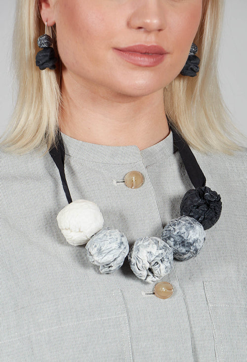 Paper Mache Ball Necklace with Ribbon Tie in Monochrome