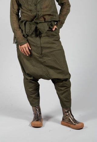 Distressed Cropped Drop Crotch Trousers in Olive Cloud