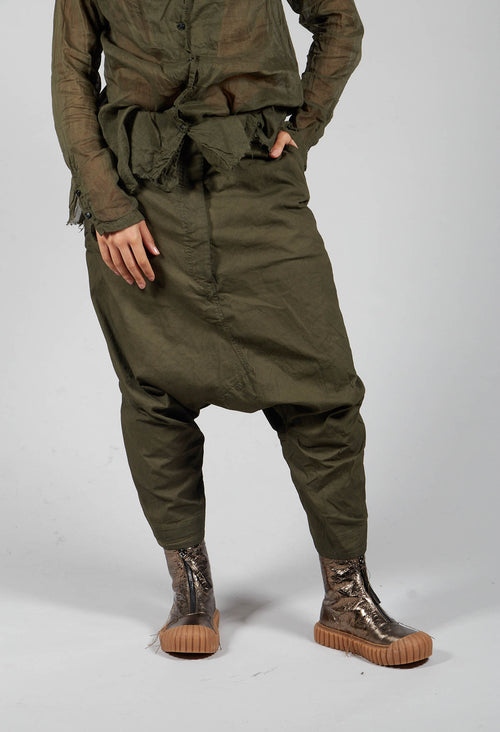 Distressed Cropped Drop Crotch Trousers in Olive Cloud