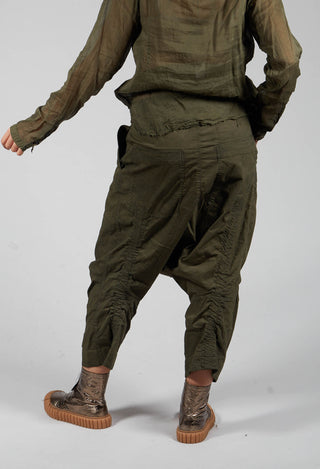 Distressed Cropped Drop Crotch Trousers in Olive Cloud