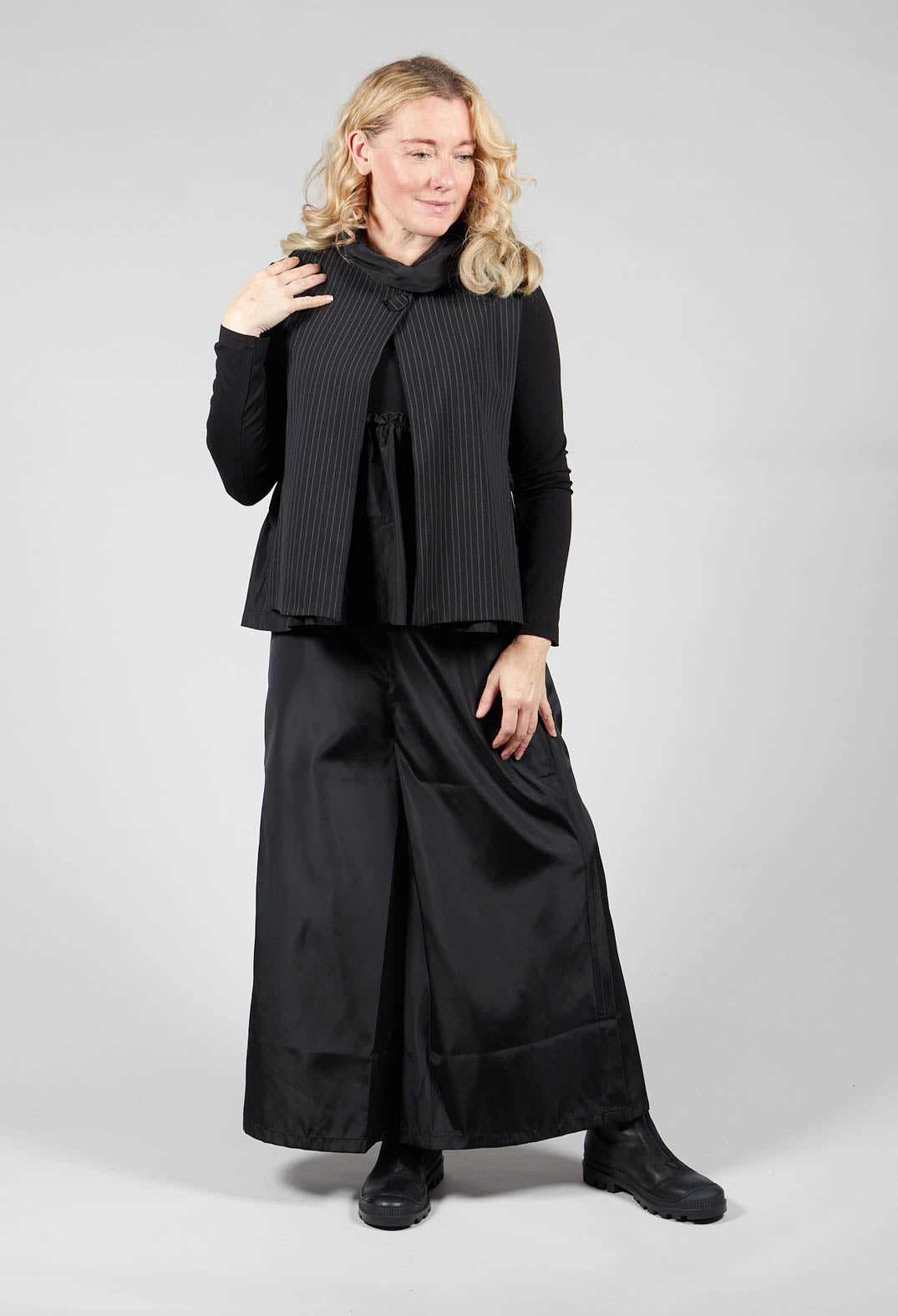 Striped Back Tie Cotton Blend Vest in Black