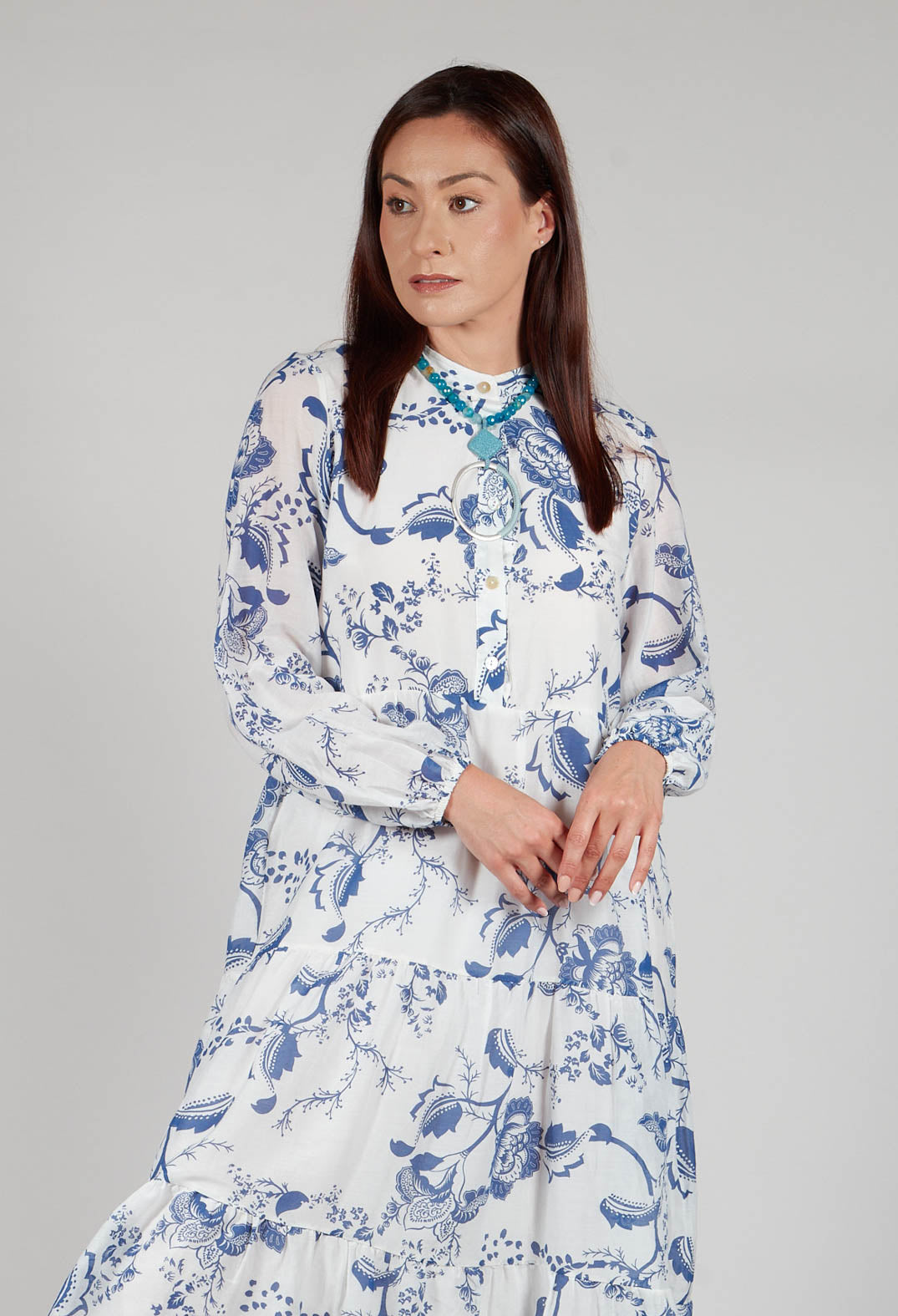 Long Sleeve Shirt Dress with Blue and White Print
