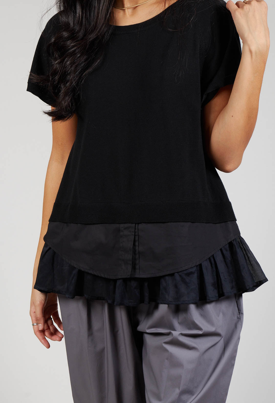 Sweater Top with Layered Hem in Black