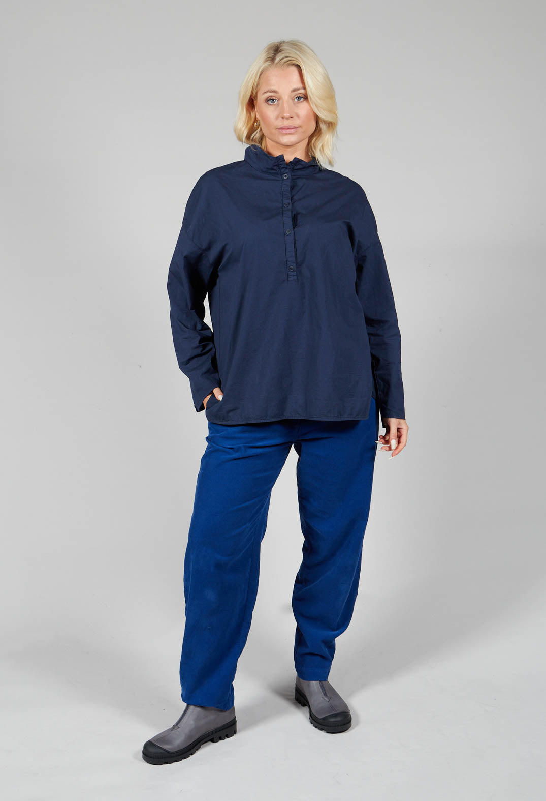 Half Button Through Shirt with Stand Collar in Dark Blue