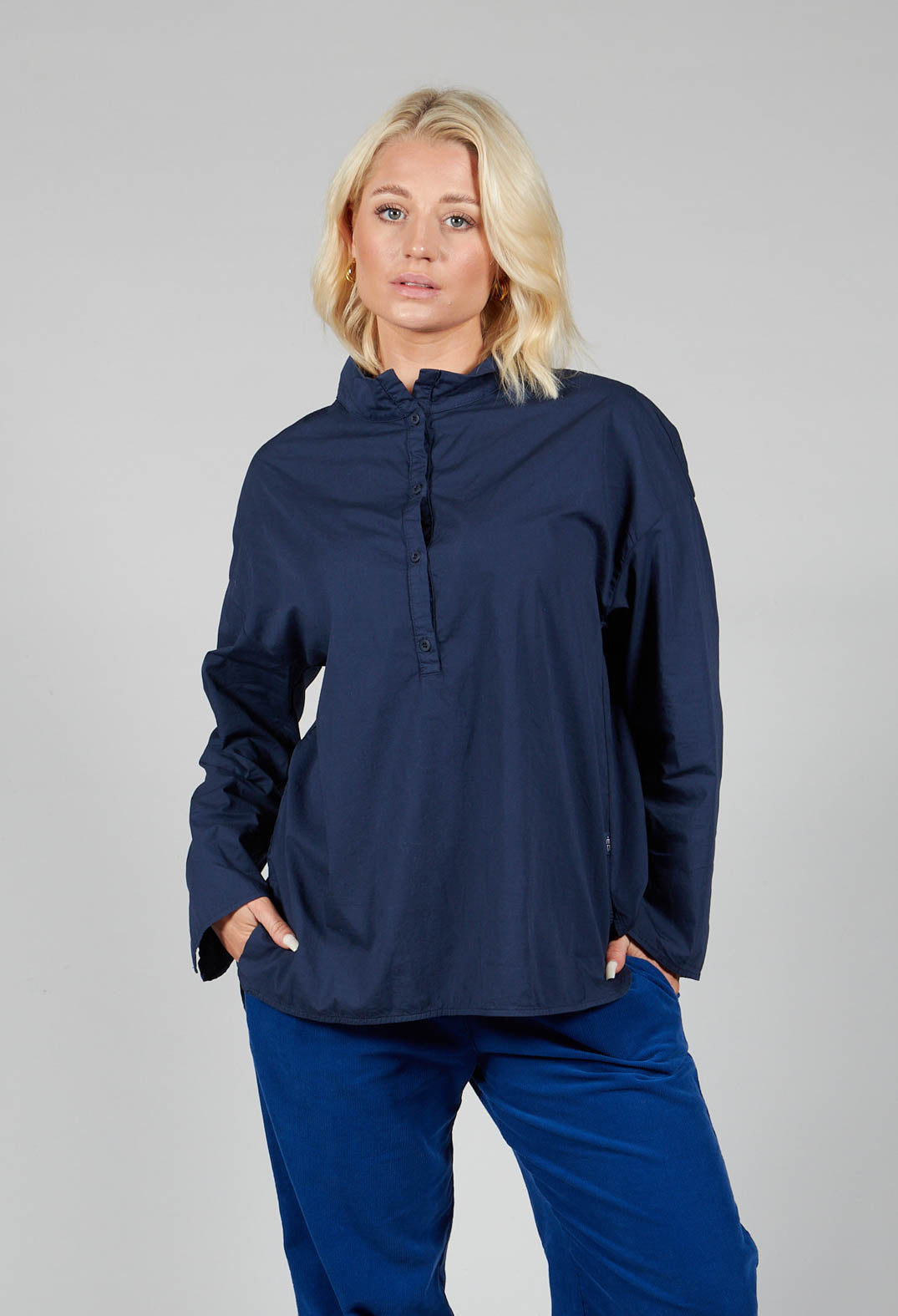 Half Button Through Shirt with Stand Collar in Dark Blue