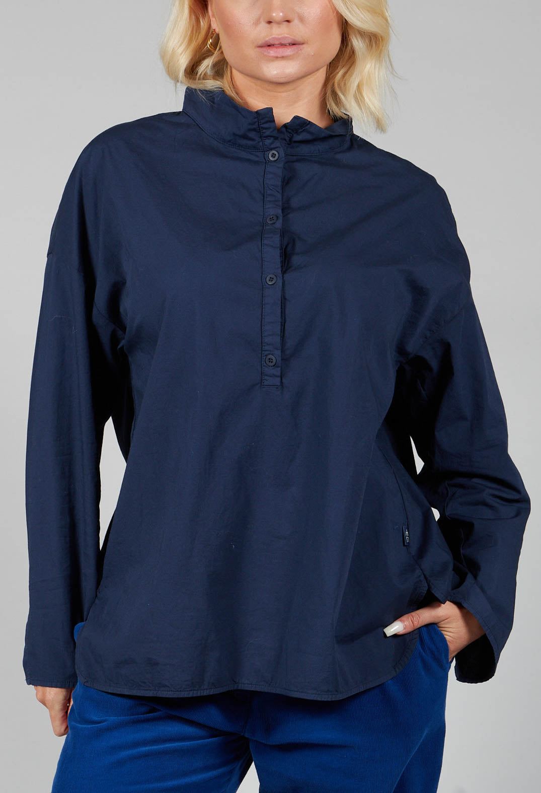 Half Button Through Shirt with Stand Collar in Dark Blue