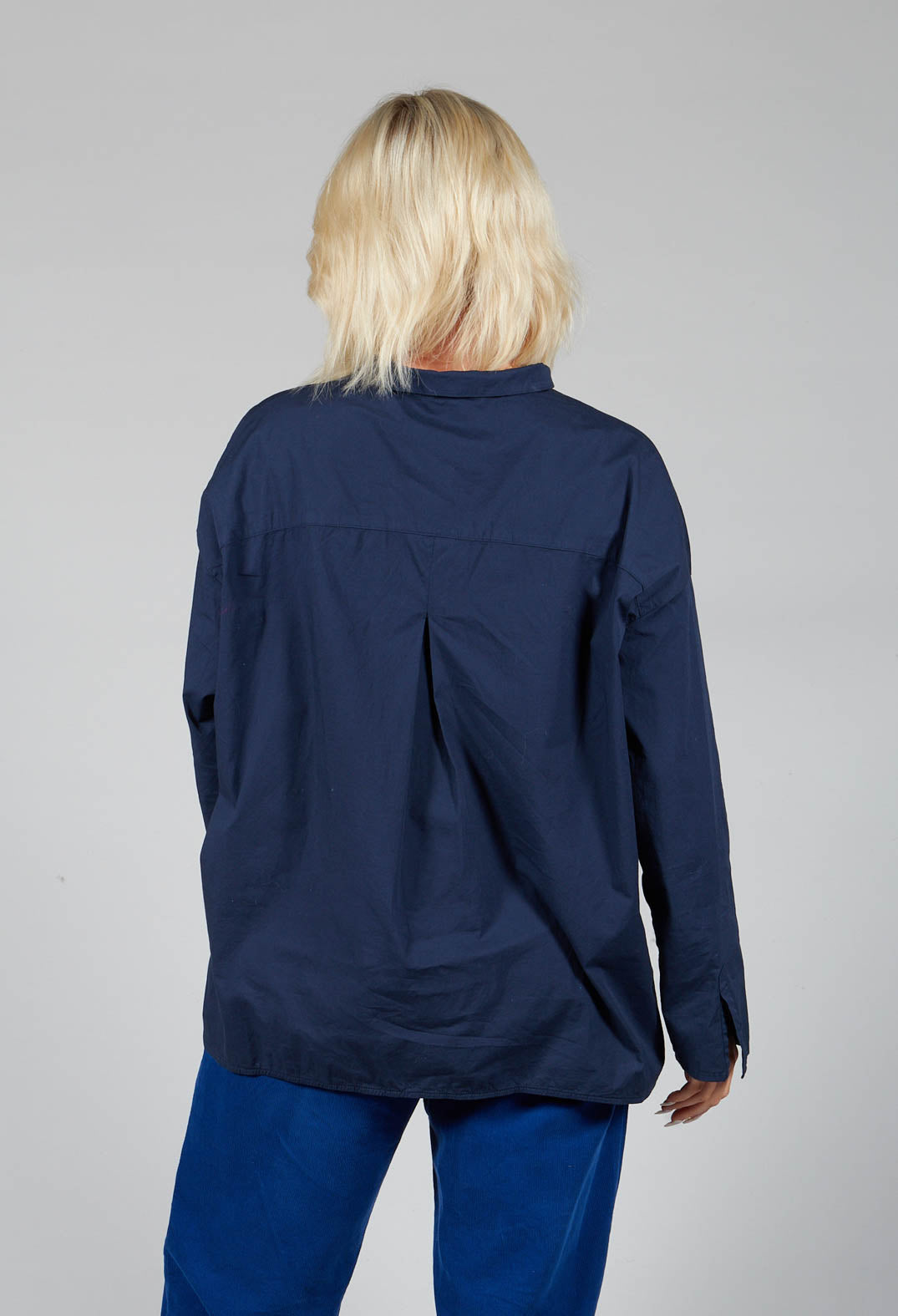Half Button Through Shirt with Stand Collar in Dark Blue