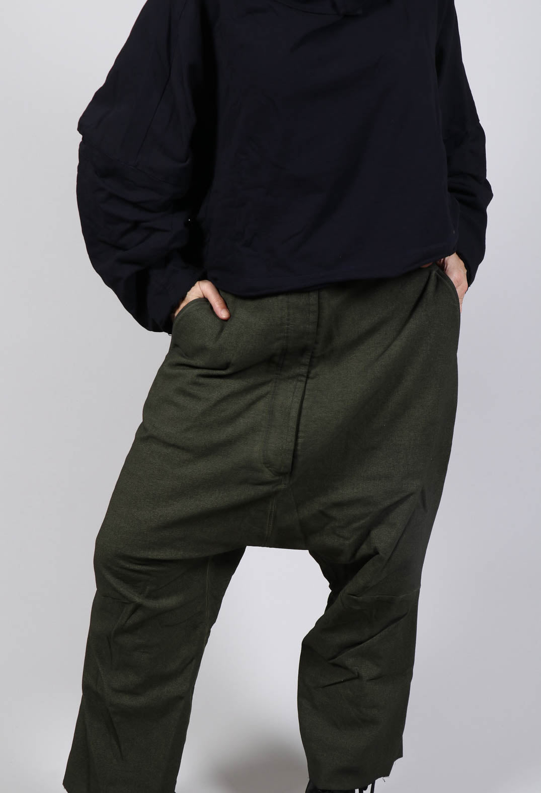 Utility Drop Crotch Trousers in Olive Cloud