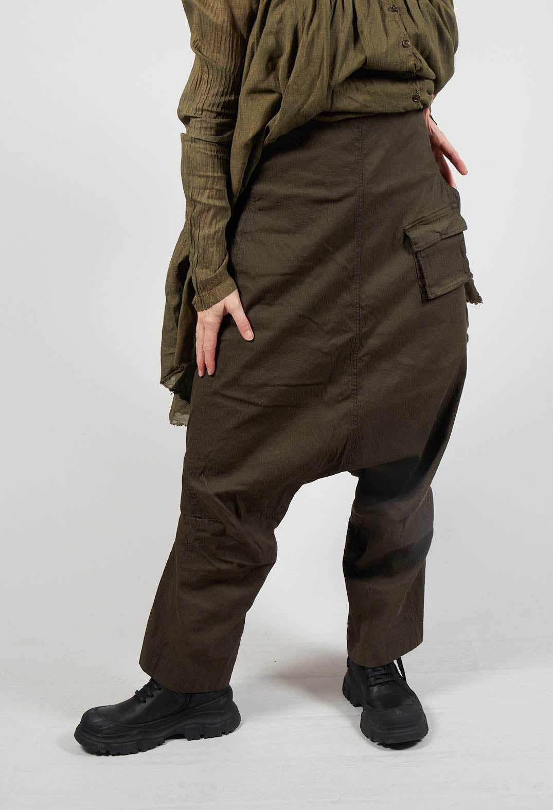 Utility High Waisted Drop Crotch Trousers in Khaki