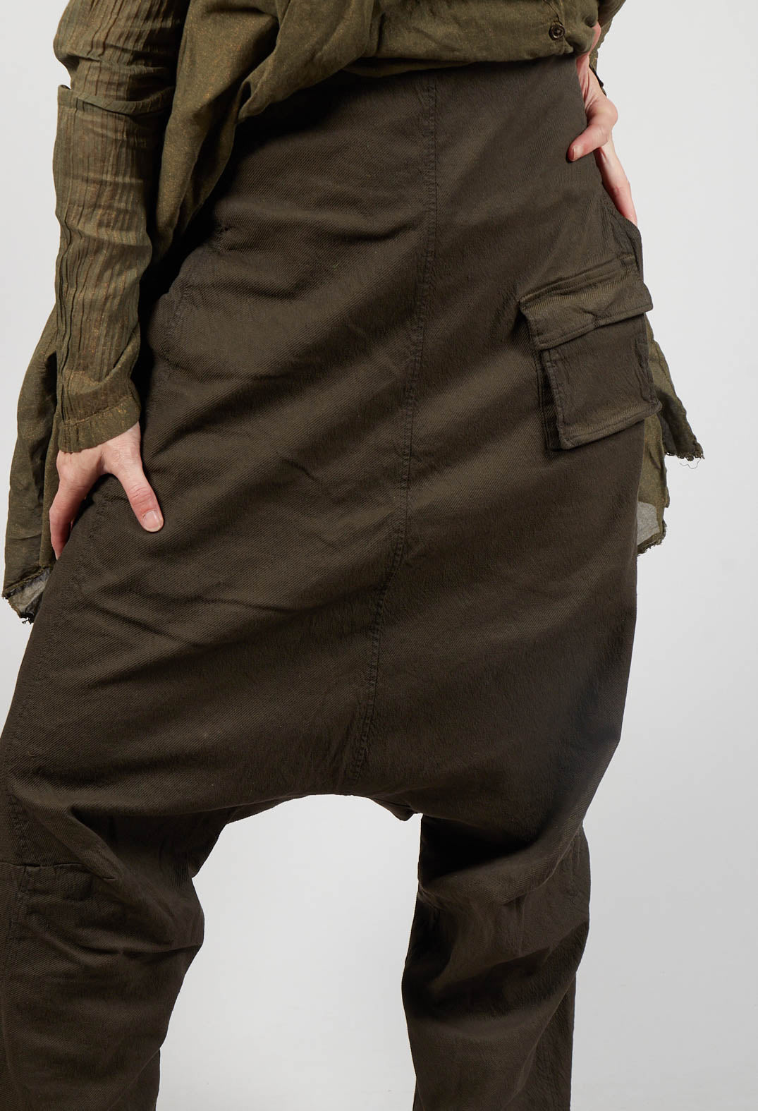 Utility High Waisted Drop Crotch Trousers in Khaki