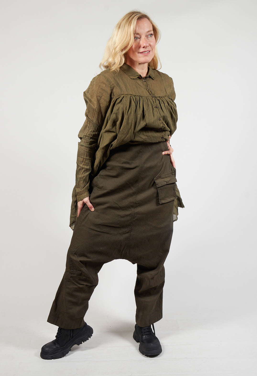 Utility High Waisted Drop Crotch Trousers in Khaki