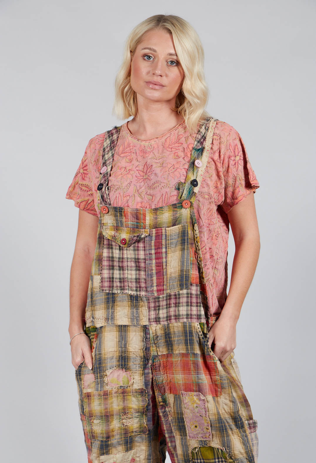 YD Patchwork Love Overalls in Madras Green