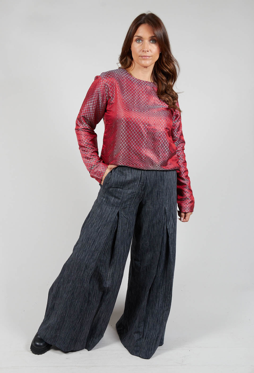 inverted Ikkat Cotton Pleated Pants in Grey