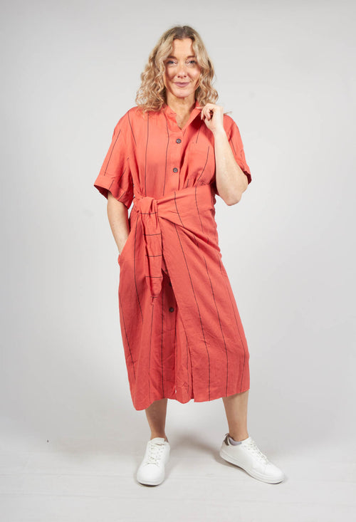 Midi Shirt Dress with Tie Over in Coral and Black Stripe