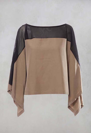 Cape Style Top with Cut Out Shoulder in Black / Beige