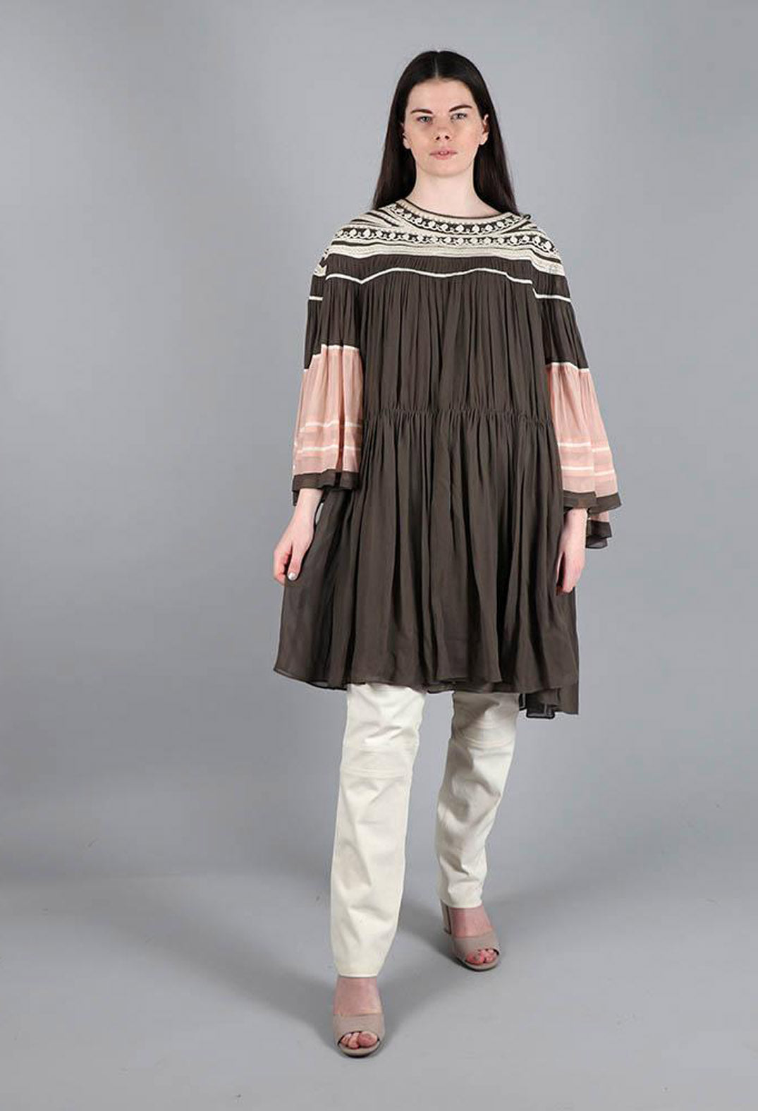 Short Block Dress with Underlayer in Olive Peach