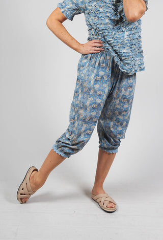 Cropped Trousers with Lace Detail Cuffs in Blue Flower