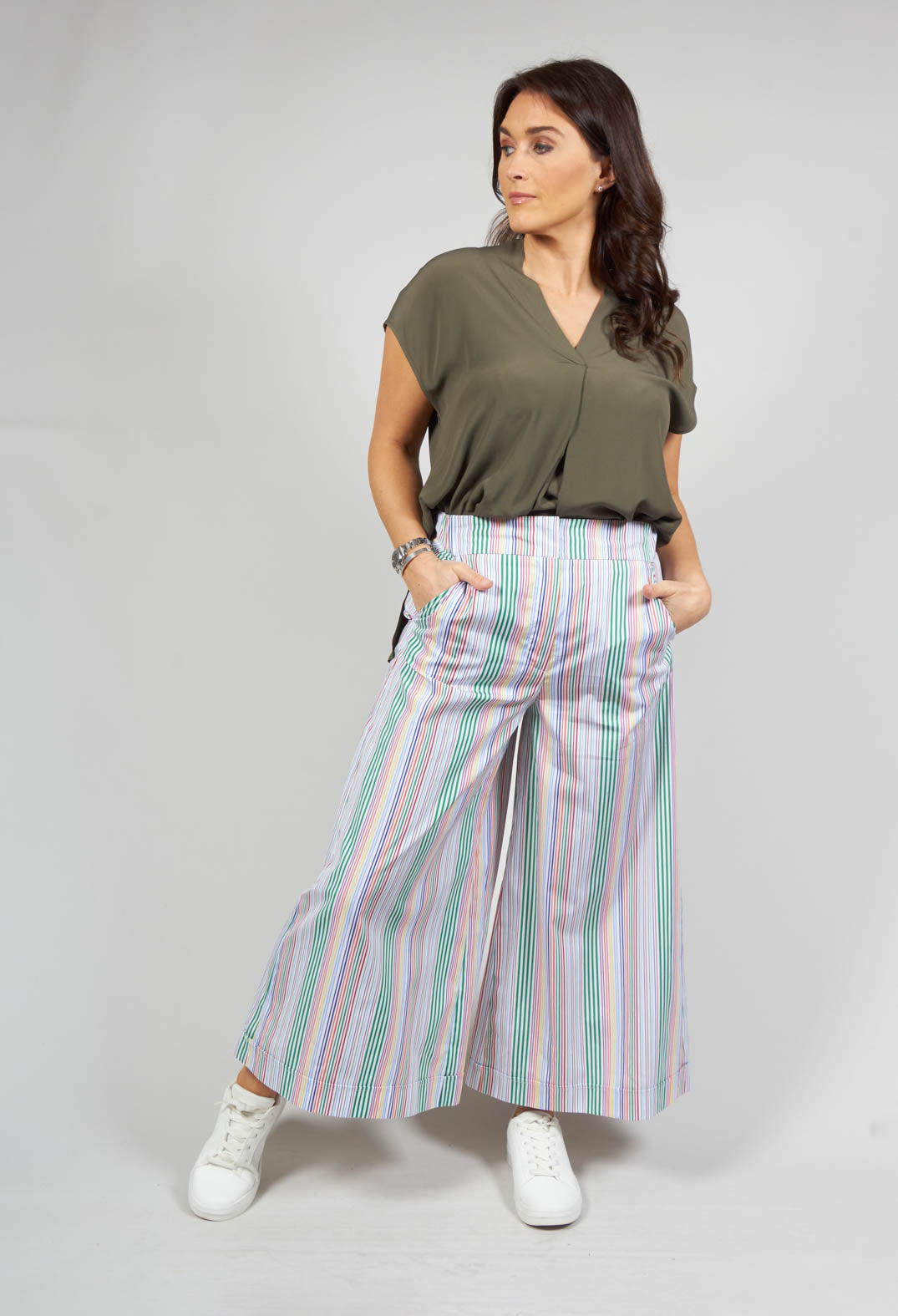 lady wearing multi colour wide leg trousers