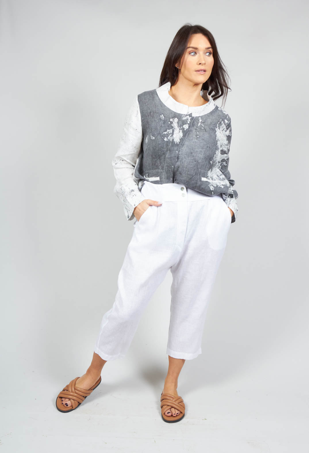 Cropped Trousers with Elasticated Waistband in White