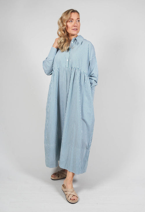 Long Sleeved Shirt Dress in Green and White Stripes