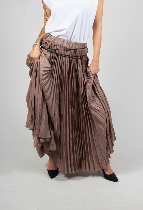 Pleated Skirt with Asymmetric Hem in Brown